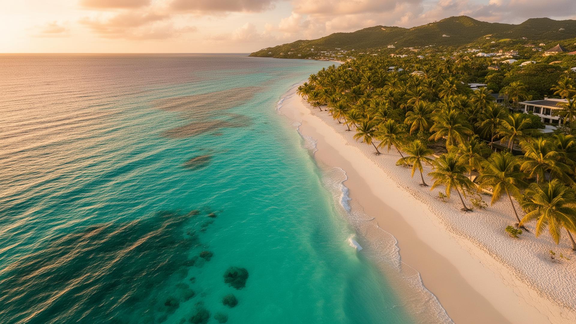 Aerial view of a turquoise Jamaican beach at golden hour